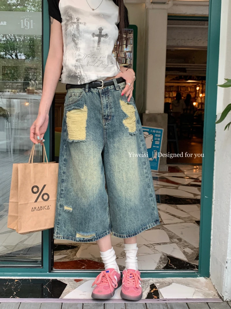 

Slergiri Summer Boyfriend Vintage Ripped Cropped Jeans Women American Streetwear Loose Wide-leg Washed Denim Pants Without Belt