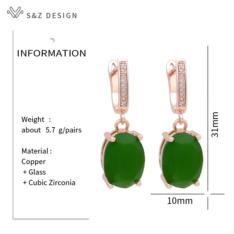 S&Z DESIGN New Fashion Oval Egg Shape Glass Dangle Earrings For Women Elegant Cubic Zirconia Eardrop 585 Rose Gold Color Jewelry