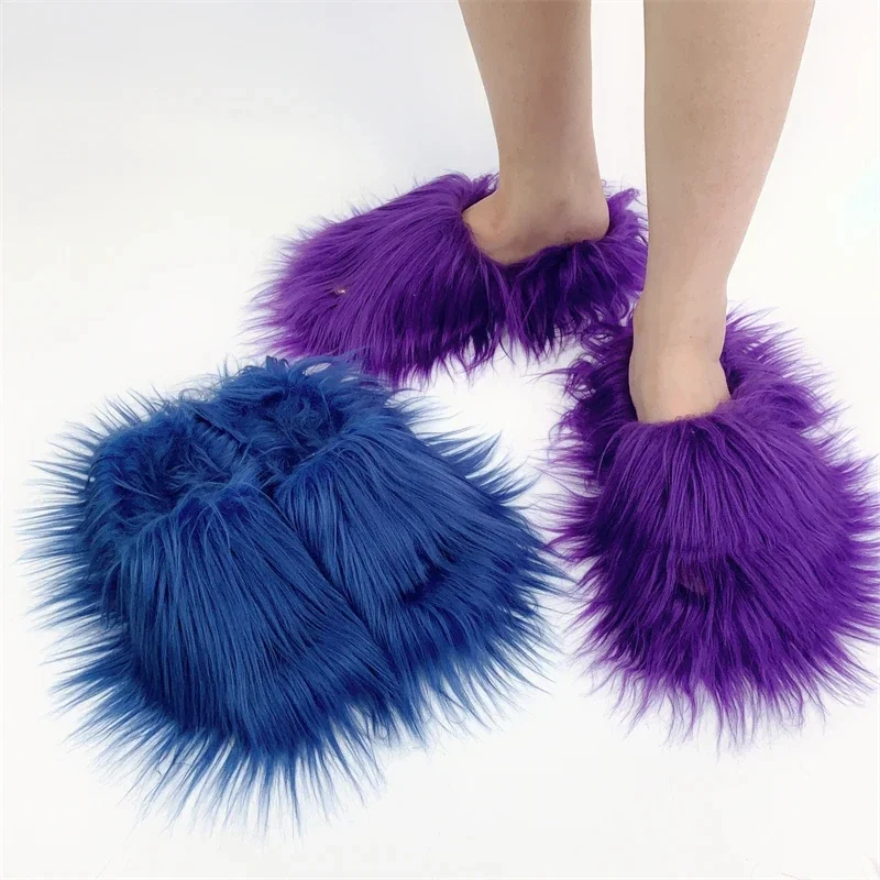 Women's Fuzzy Faux Fur Slipper Slides - Open Toe Fluffy Sandals For Indoor/Outdoor, Raccoon Blue, Size 7