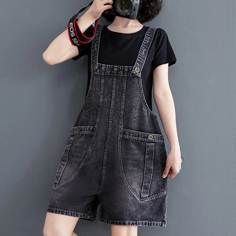 Women\'s Denim Strap Playsuits 2023 Summer New Plus Size Clothing Cover Belly Wide Leg Pants Fashion Jumpsuit Shorts Ladies Jeans