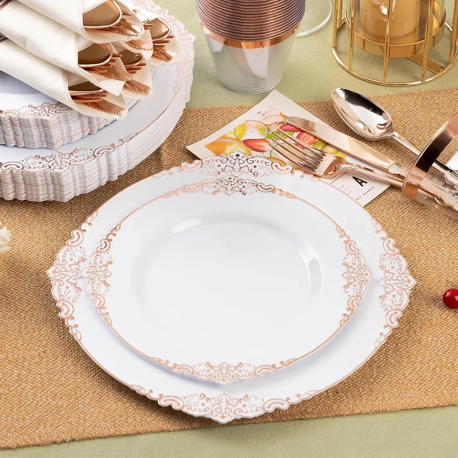 350PCS Rose Gold Plastic Plates for 50 Guests, Disposable Dinnerware Sets Include 100 Rose Gold Rim Plastic Plates 50 Silverware