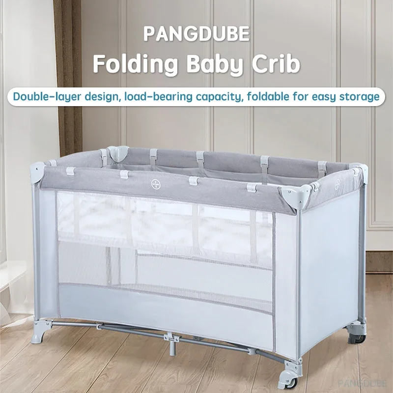 PANGDUBE 125*65cm lettino pieghevole per bambini da 0 a 3 anni letto per bambini lettino per neonati con 2 ruote culla a doppio strato