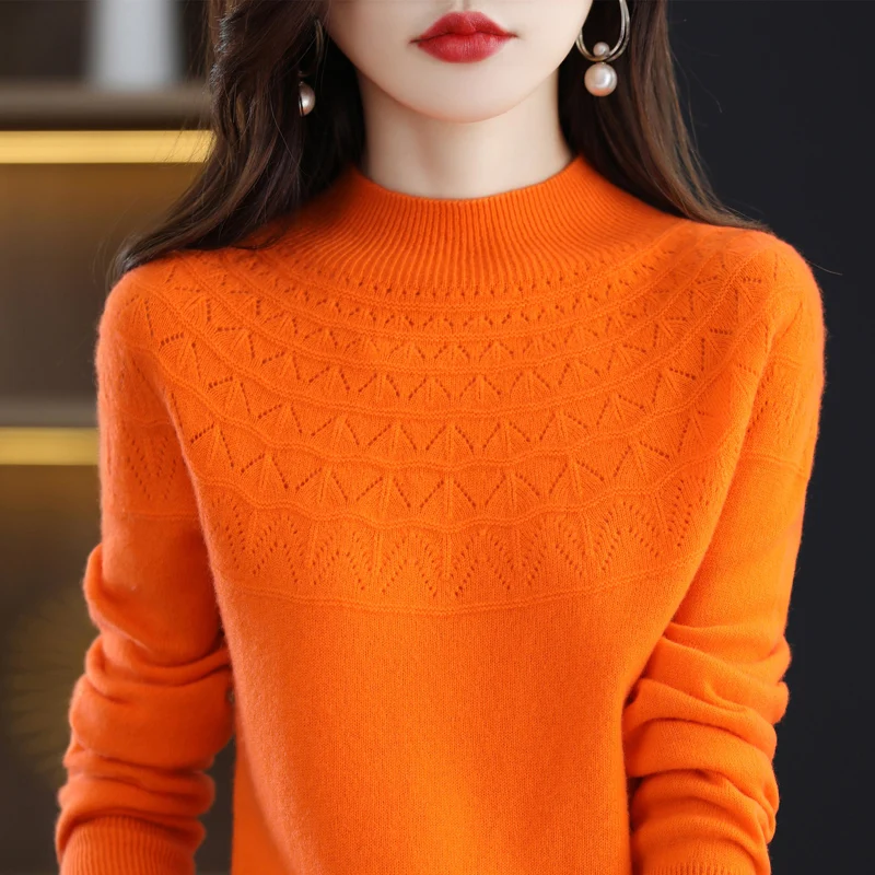 

First-line ready-to-wear 100% pure wool sweater women's hollow knit pullover autumn and winter new semi-high collar top