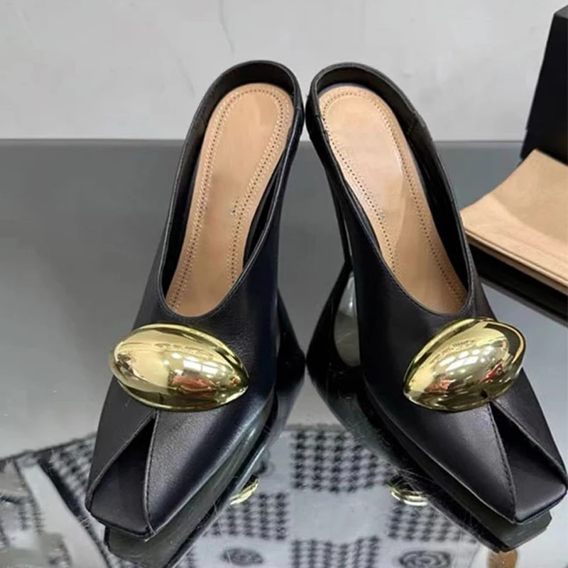 

Metal Oranment Women Solid Sandals Hook High Heels Stiletto Dress Shoes Thin High-Heeled Mules Party Peep Toe Slides