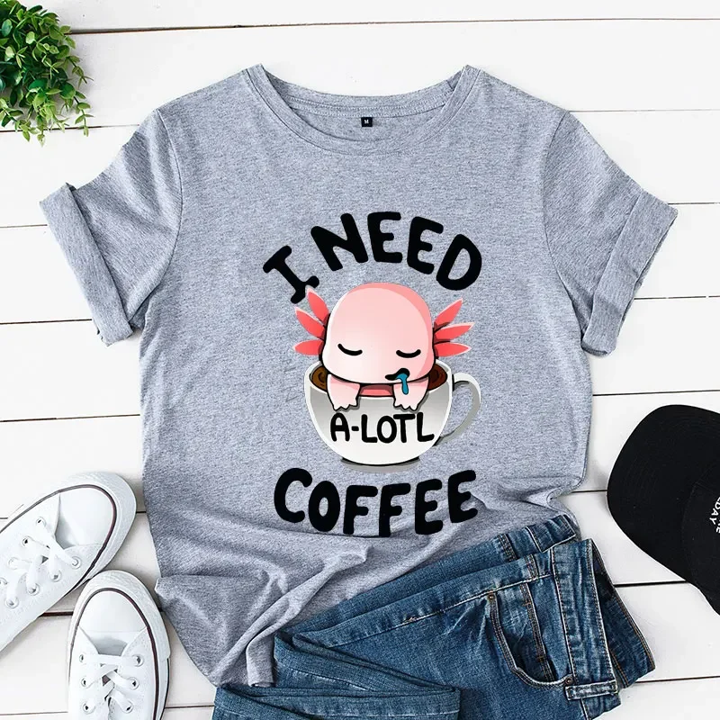 

NEED A-LOTL COFFEE Tee Vintage Top Cute Axolotl Tshirt Fashion Clothes Summer Tees Short Sleeve T Casual Cartoon Graphic T-shirt