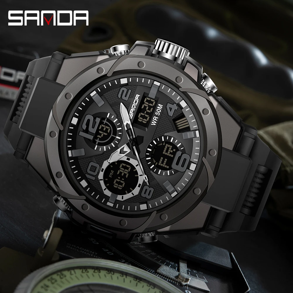 

SANDA Fashion Top Military Sports Men's Dual Display Luminous Quartz Watch 5ATM Waterproof G Style Mens Watch Relógio masculino