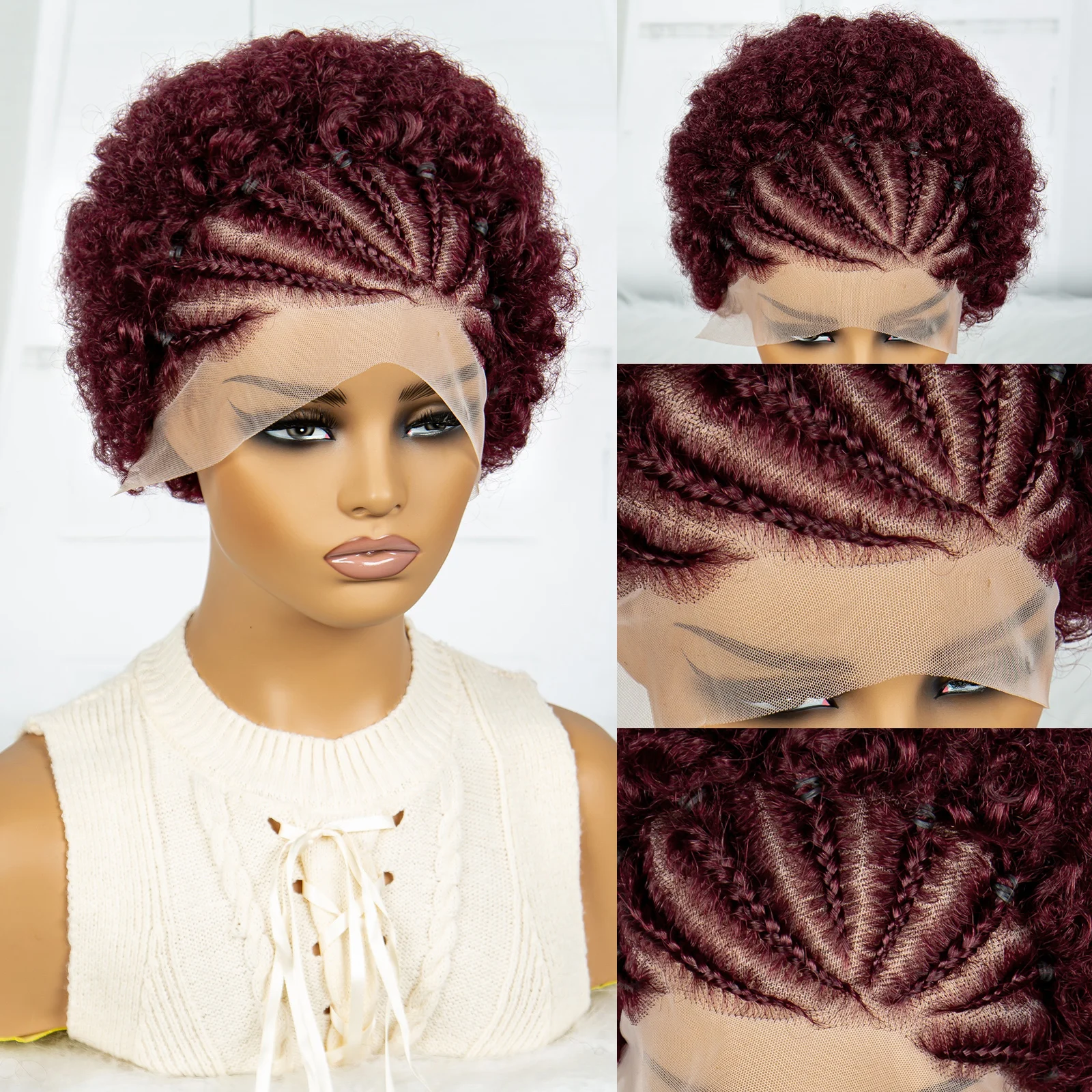 250% Density Human Hair Braids Afro Kinky Curly Bouncy Human Hair Wig 13x4 Transparent Lace Frontal Hair Wig for Black Women 8"