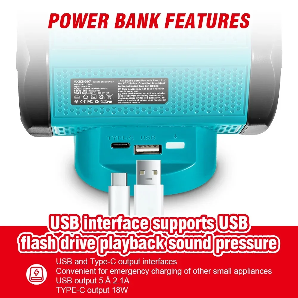 Wireless Bluetooth Speaker MT007 Outdoors 6D Surround Sound For Makita 18V Battery Lithium Battery Outdoors Loudspeaker 4