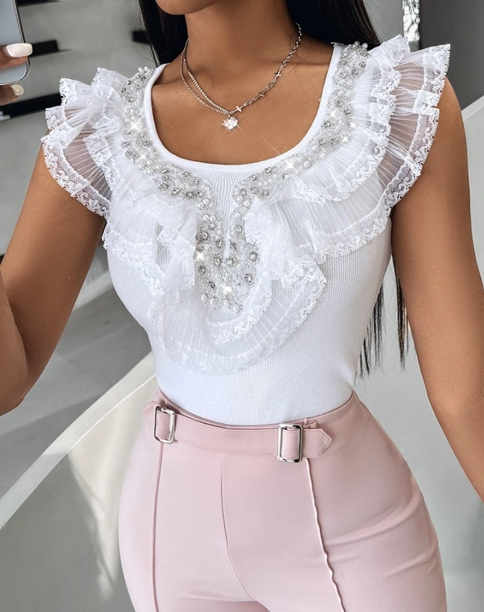 

Female Clothes New Summer Women Fashion Beaded Lace Patch Tank Top Temperament Commuting Women's Sleeveless Casual Vest