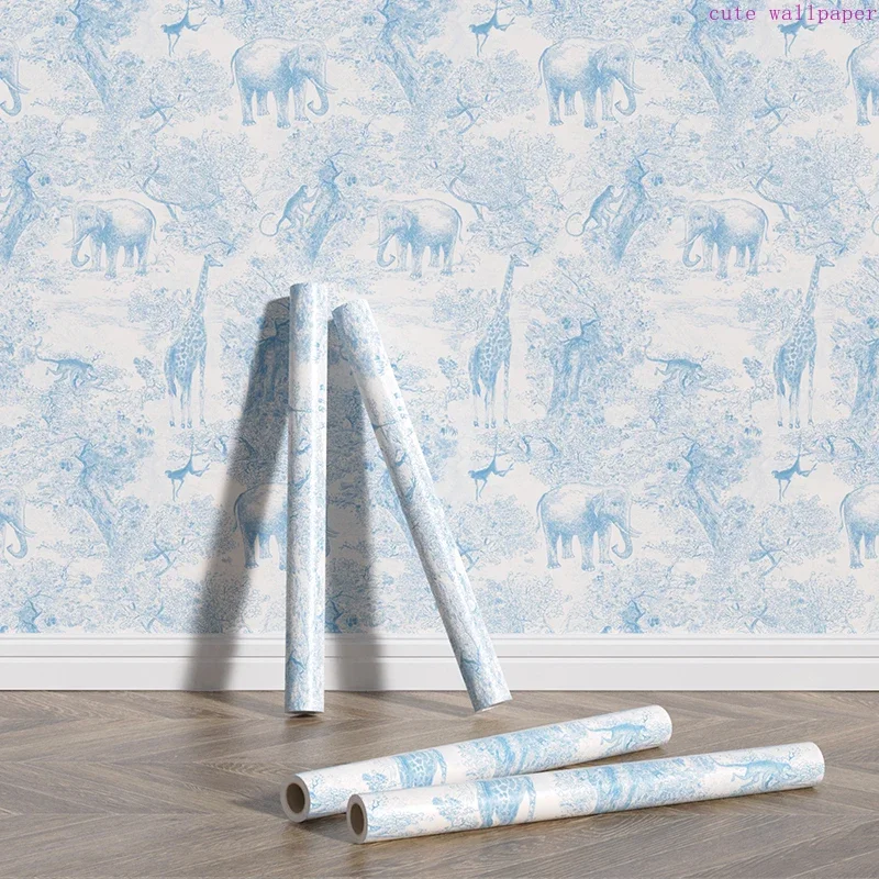 

Sky Blue Jungle Wallpaper Animal Trees Peel And Stick Forest PVC Wallpaper Self-adhesive Furniture Vinyl Cabinet Stickers