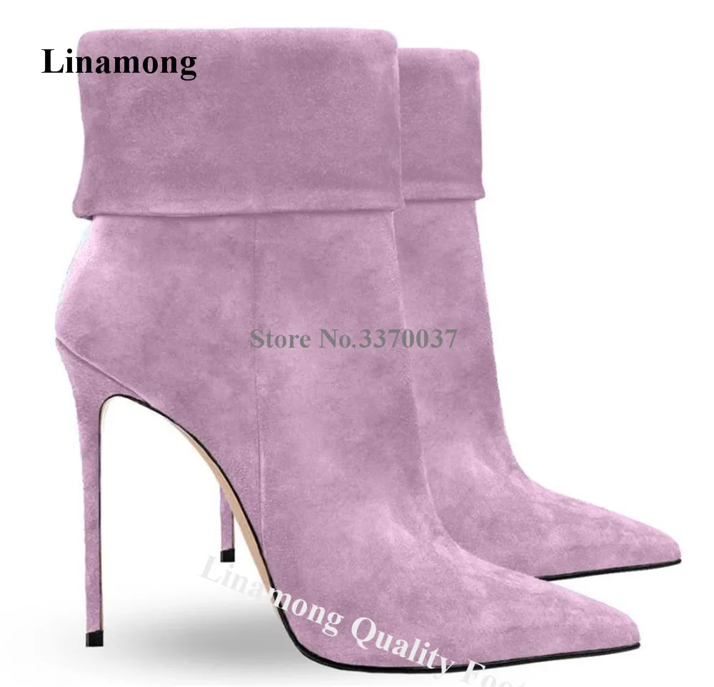 

Linamong Suede Thin Heel Folded Short Boots Elegant Pointed Toe Pink Green Purple Blue Stiletto Heel Ankle Booties Big Size Heel