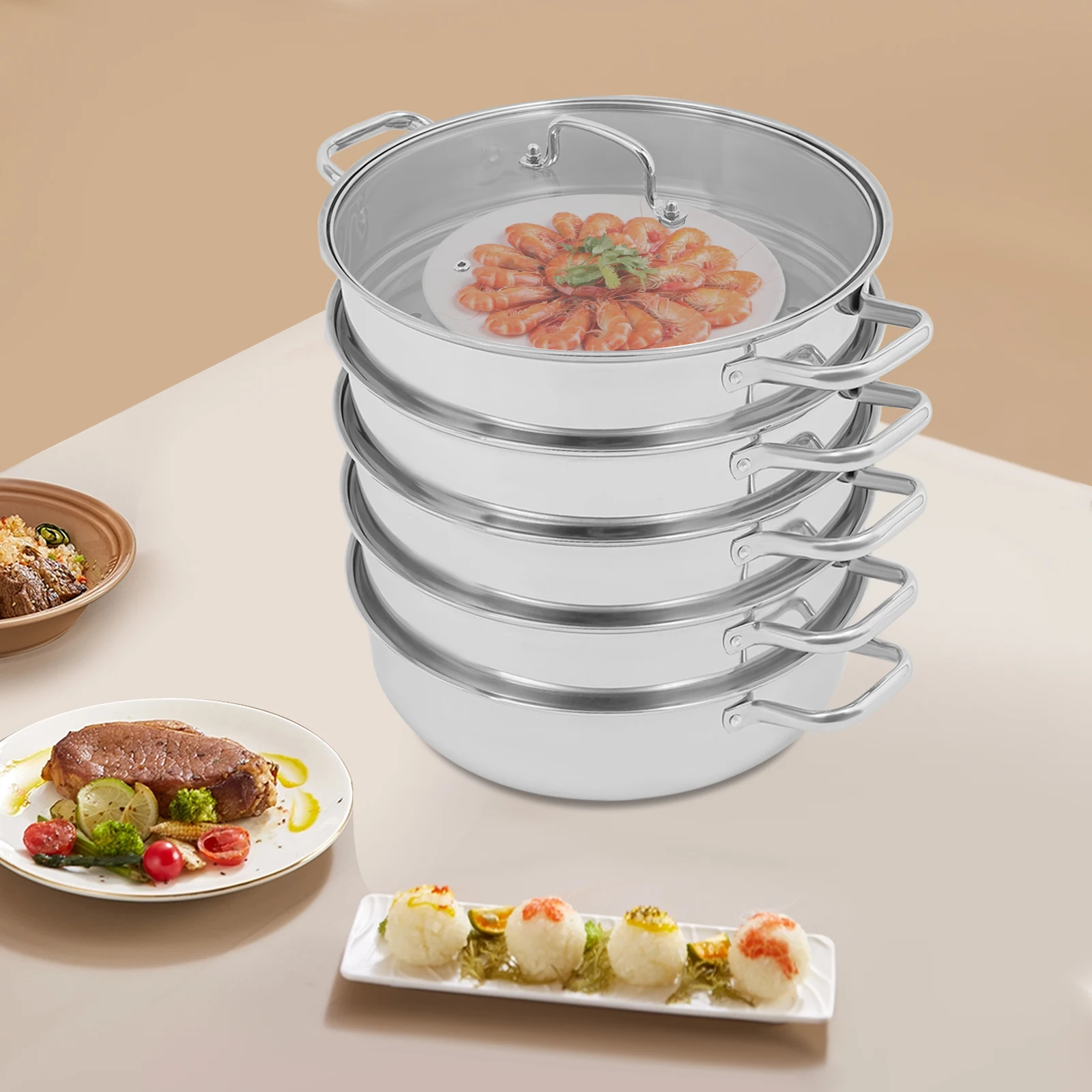 5-stufiger 32 cm Dampfkocher, Edelstahl-Dampftopf mit 4 Dampftabletts, Fleisch- und Gemüse-Dampftopf, Küchenkochgeschirr mit Deckel für – Detail 4