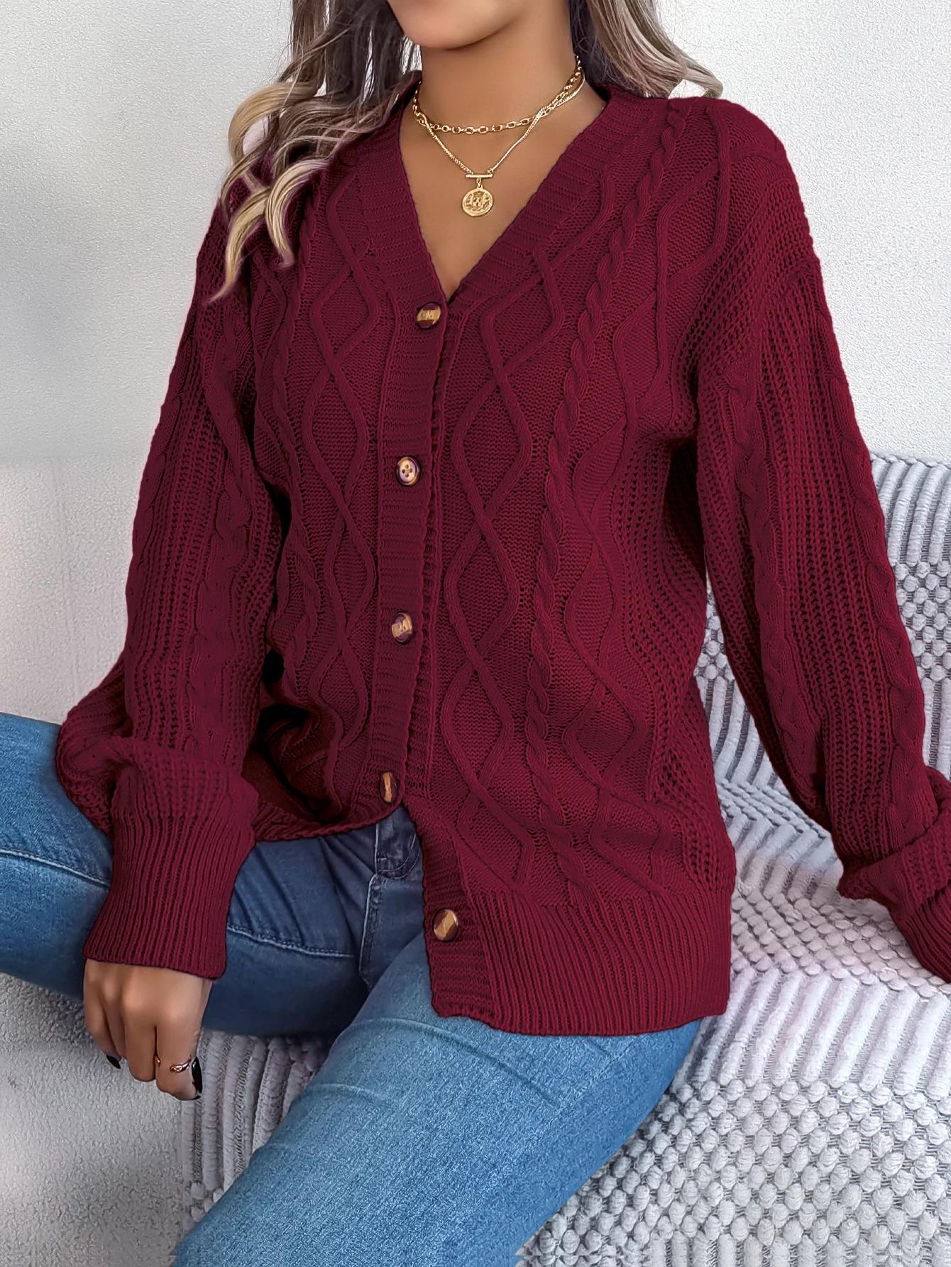 Pink V Neck Long Sleeve Knitted Cardigan for Women