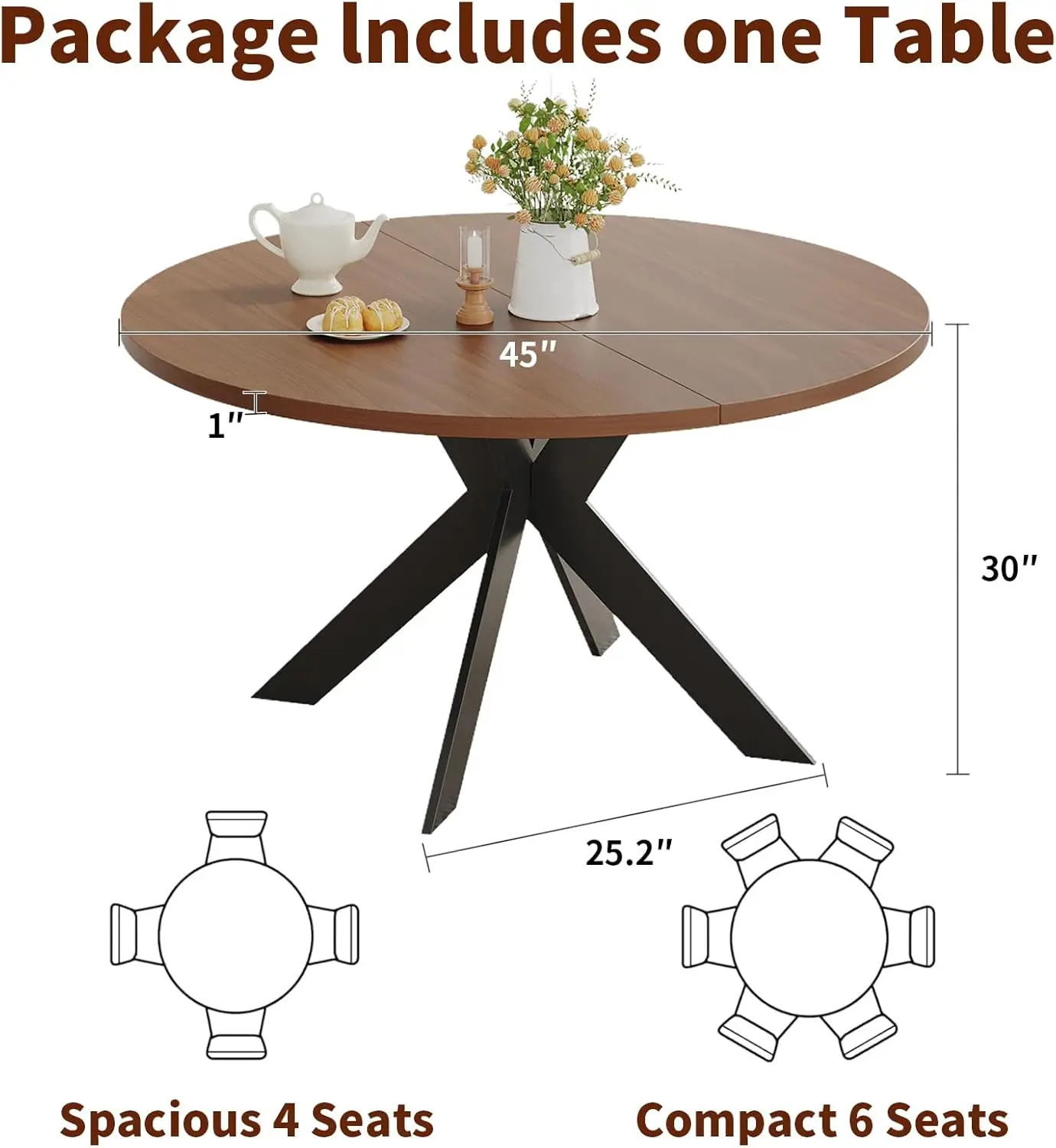 45.3" Walnut Round Dining Table Set with 4 Chairs – Mid-Century Modern Small-Space Kitchen & Dining Room Furniture