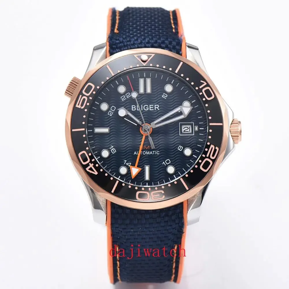

41mm BLIGER Fashion Round Men Automatic Watch GMT Sapphire Glass Blue sterile Dial Date Window Rubber Strap