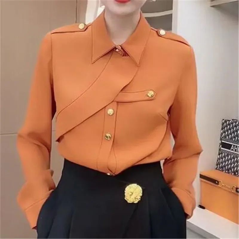 

Commute Solid Color Stylish Asymmetrical Shirt Female Clothing Spliced Chic Single-breasted Spring Autumn Polo-Neck Loose Blouse