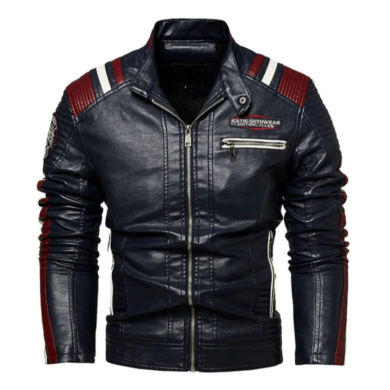 Plush and thick standing collar baseball jacket, trendy motorcycle suit, cycling suit, PU leather jacket