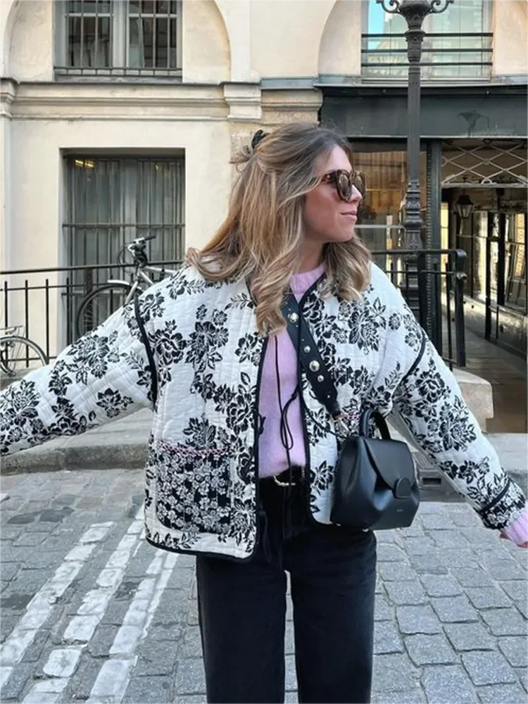 

Fashion Flower Printed Reversible Coat for Women Autumn Casual Quilted Cotton Round Neck Lace Up Basic Thin Female Outwear Coats
