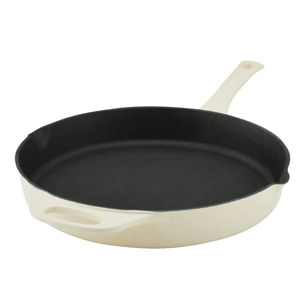 

Cast Iron Skillet 12 Inch Almond with Convenient Helper Handle and Pour Spouts Easy To Clean Sturdy and Longlasting