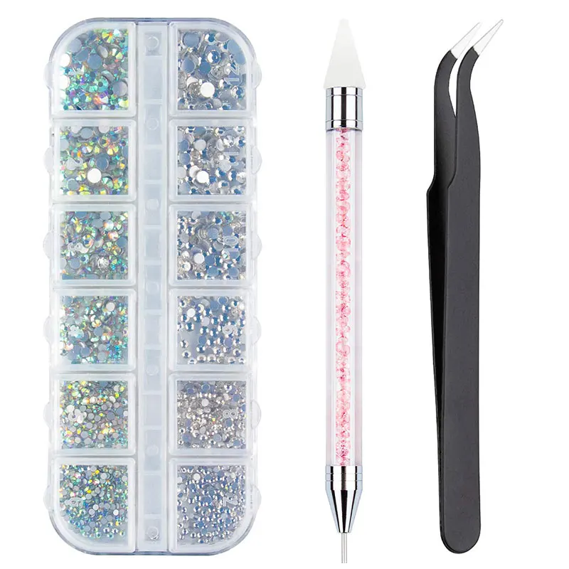 

Glass AB Nail Art Rhinestones Decorations Stones Art Supplies Clear Crystal Rhinestones with Pick Up Tweezer Picker Dotting Pen