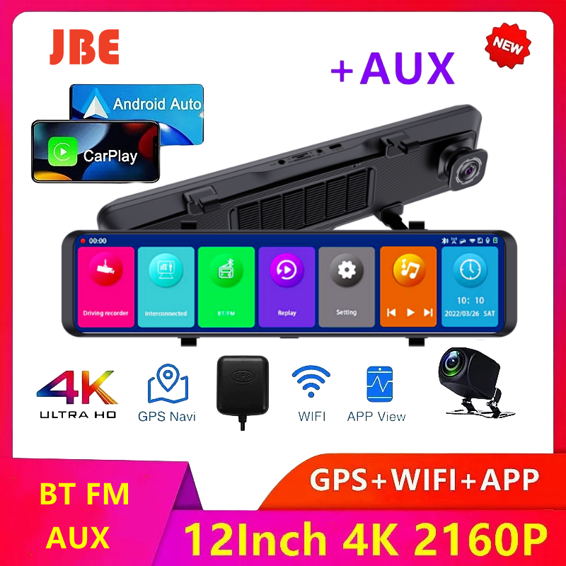 Dash Cam 4K 3840*2160P Car Mirror Video Recording Carplay & Android Auto Wireless Connection 5G WiFi GPS Navigation FM AUX