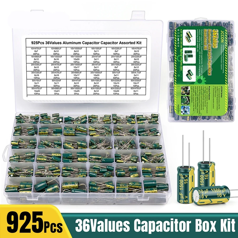 15/24/36 Values 225/460/925Pcs Aluminum Electrolytic Capacitor Kit High Frequency Low ESR Electrolytic Capacitor Assortment Kit