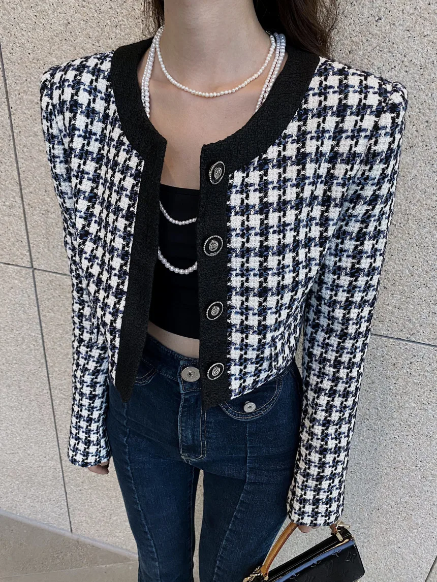 Elegant Cropped Jacket Women French Vintage Single Breasted Long Sleeve O-neck Top Autumn Y2k All-match Houndstooth Coats New