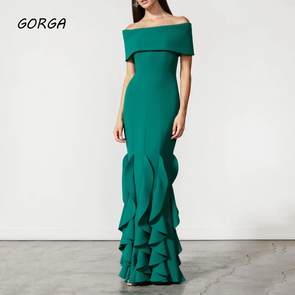 

GORGA Green Off the Shoulder Ruffles Mermaid 2024 Slim Backless Crepe Ocassion Gown Floor-Length Evening Dress فستان سهرة نسائي