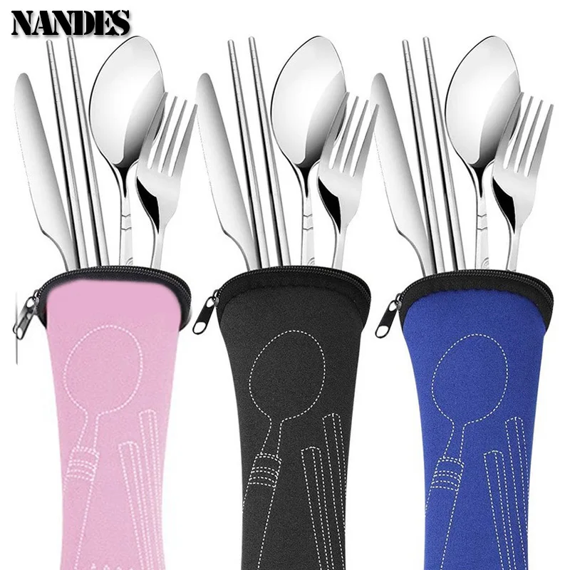 3Pcs/4Pcs/7Pcs 세트 피크닉 식기 세트 여행용 수저 키트 케이스 저녁 식사용 휴대용 파우치 가정용 도구 여행 캠핑 스푼