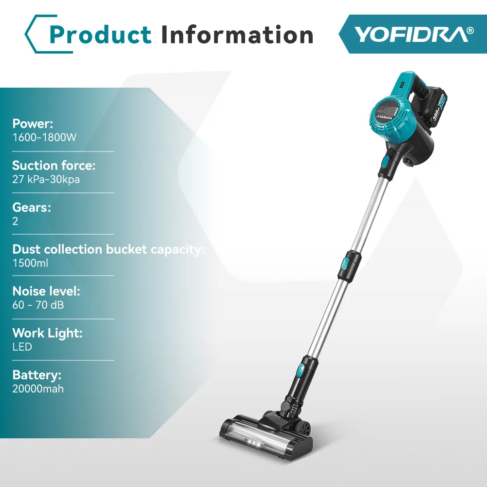 YOFIDRA Brushless Vacuum Cleaner 1800W, 30KPa 1.5L portable powerful suction household cleaning tool compatible with Makita 18V battery pin - Image 5