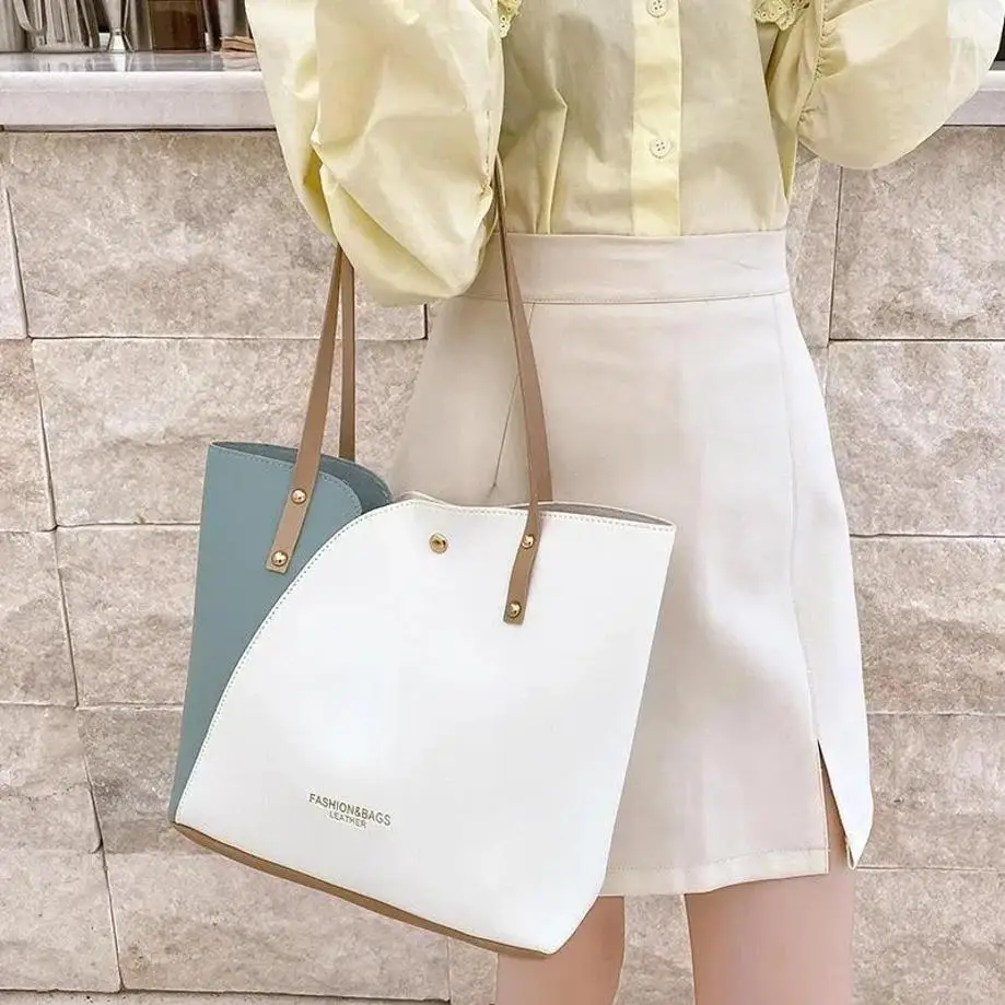 1 Pcs Women's Patchwork Leather Tote Bag Contrasting Color Shoulder Bag Pu Leather Women's Shopping Bag Casual Large Capacity