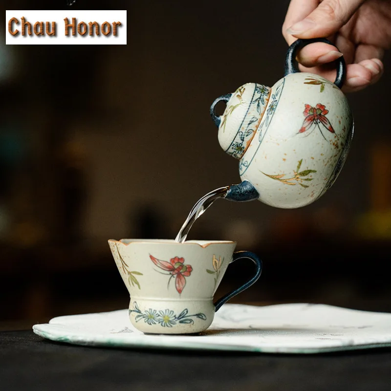 130ml Blue And White Flint Red Teapot Handmade Gold Drawing Butterfly Orchid Pot Tea Maker Kettle Chinese Kung Fu Tea Set Gift