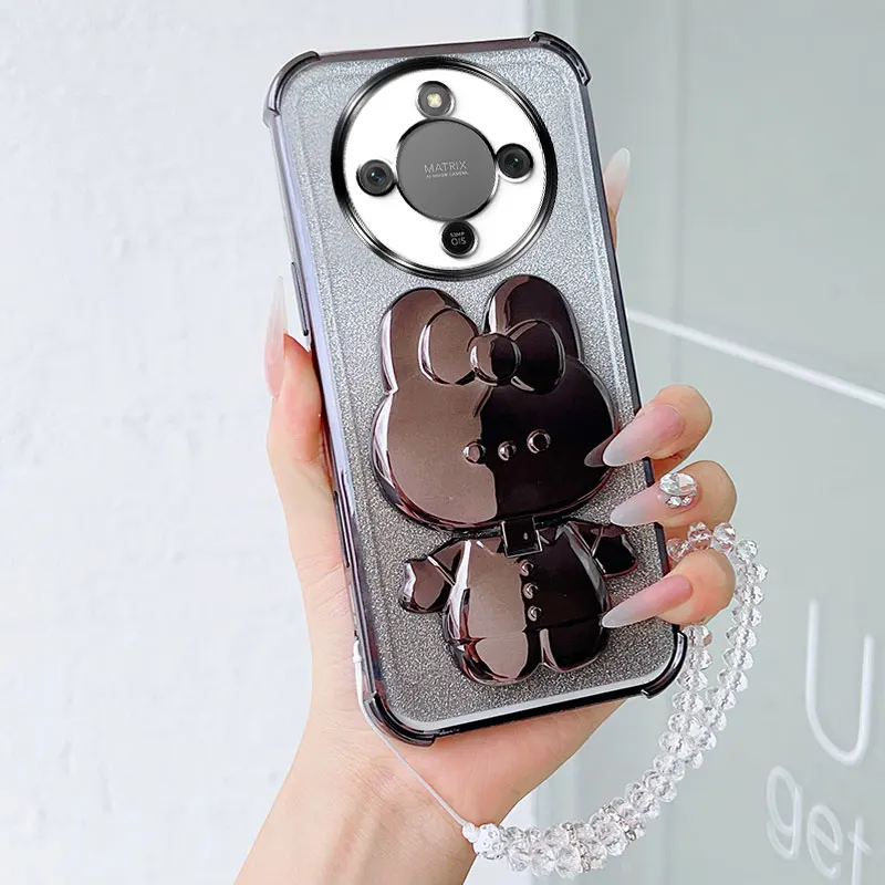 Shockproof Phone Case with Rabbit Makeup Swivel Stand and Crystal Lanyard