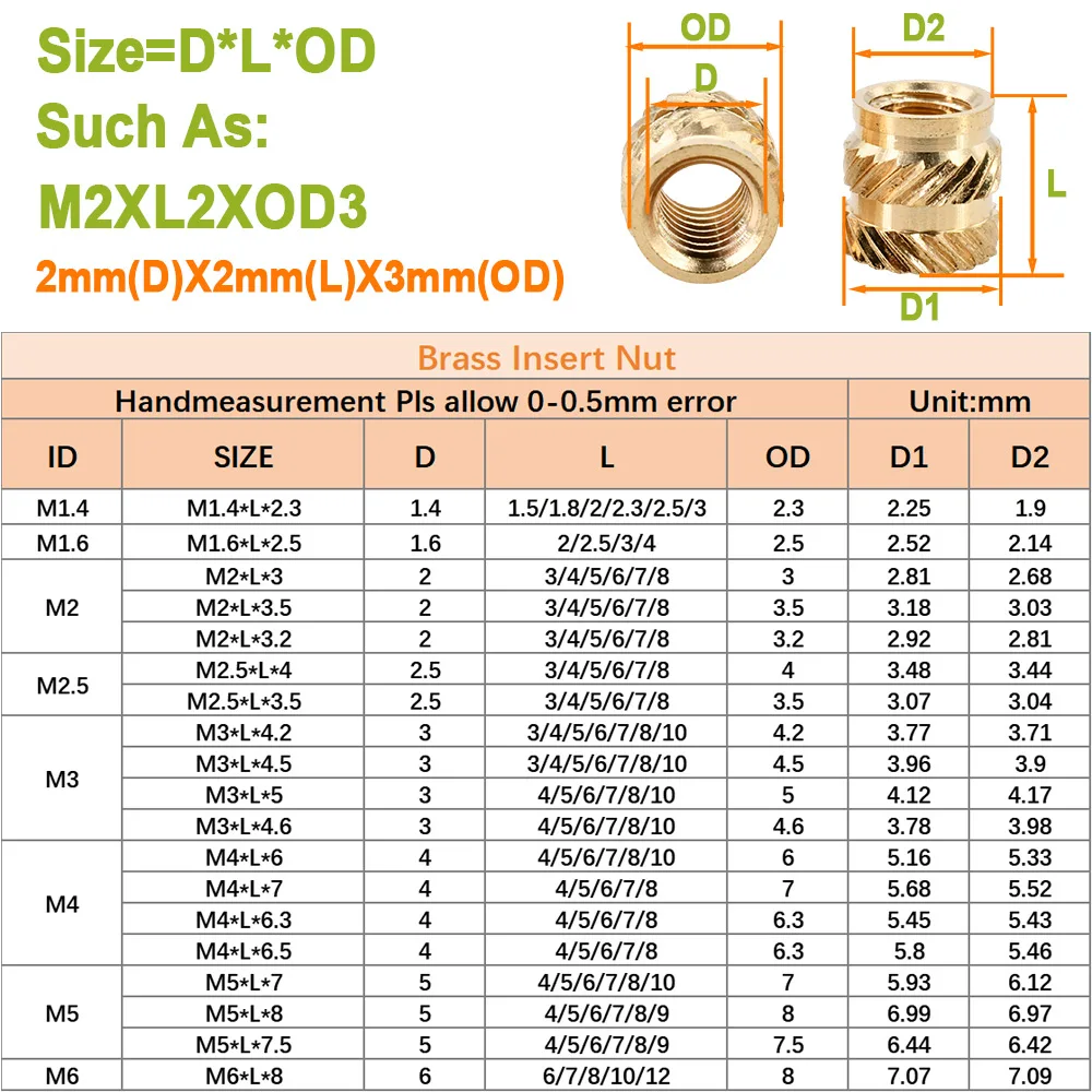 Description Picture 3 of itemM2 M2.5 M3 M4 M5 Brass Heat Thread Insert Nut and Phillips Cross Round Head Screw Set Knurled Hot Melt Inject Nuts and Bolts Set
