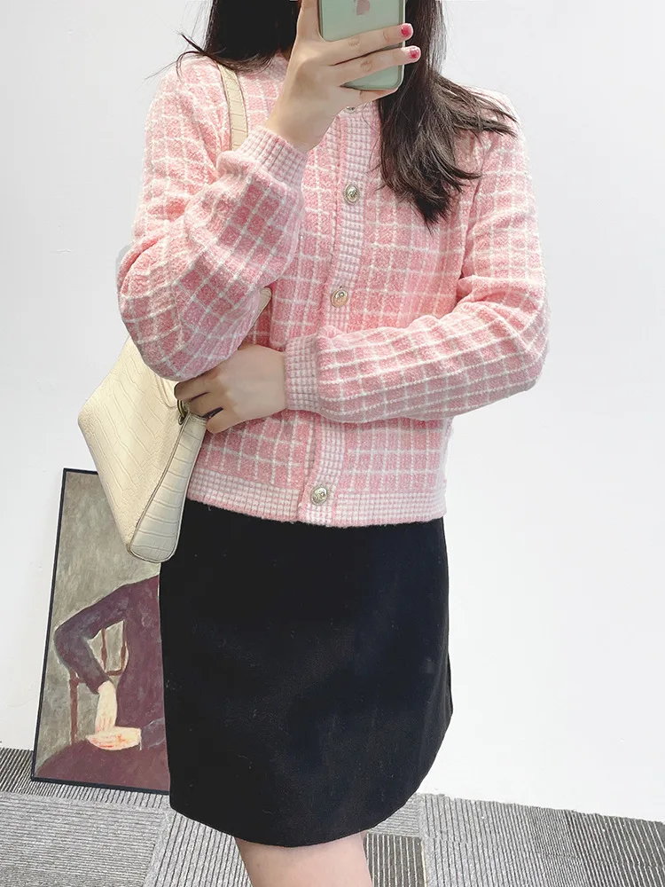 

French Style Tweed Jacket Autumn Sweaters for Women Cardigans Winter Plaid Knitted Pink Coat High-end Clothing Sweet Cardigan