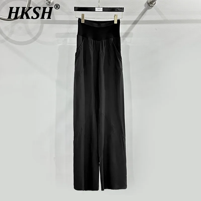 

HKSH 2024 Spring Summer High Waist Spliced Elegant Silk Floor Sweeping Casual Long Pants Dark Fashion Chic Tide Trousers HK1374