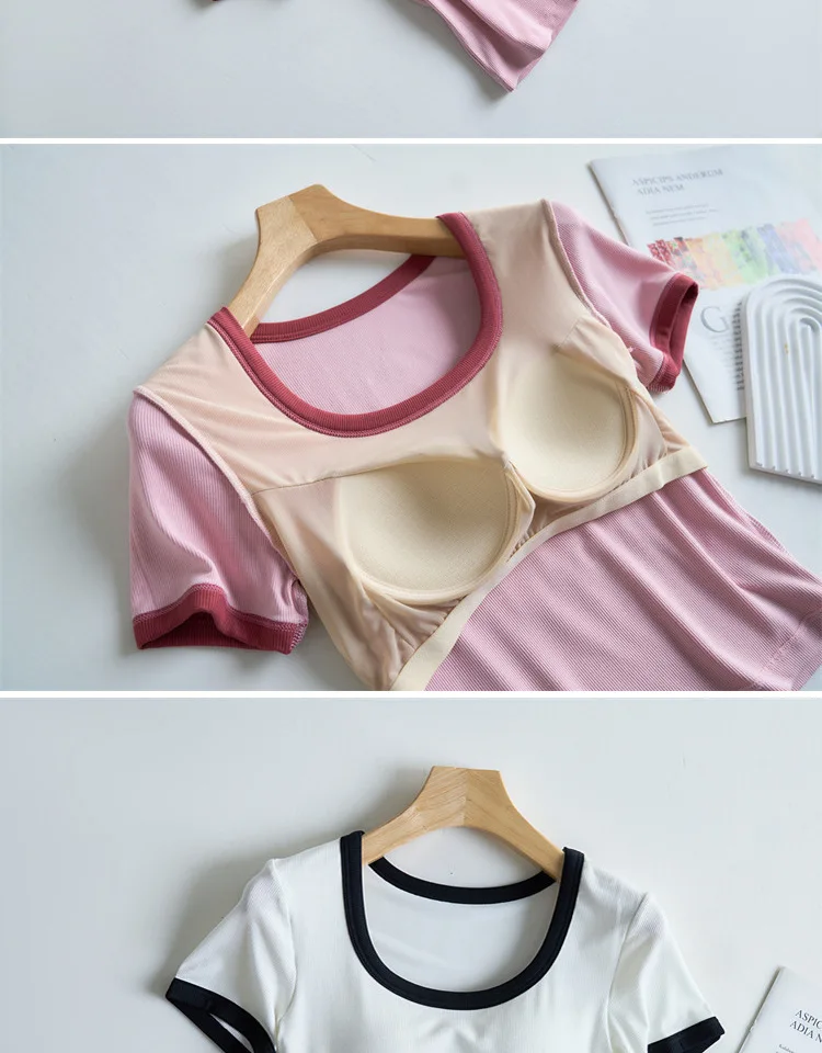 Neue Brust Pad Ein Stück Pyjamas Für Frauen Modal Kurzarm Nachtwäsche T-shirt Sommer Dünne Damen Außerhalb Tragen Bottom Shirt – Detail 8
