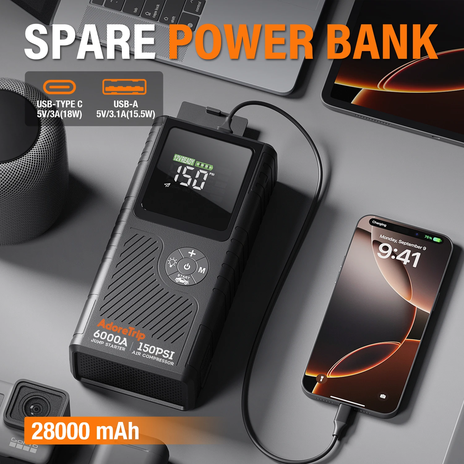 AdoreTrip 6000A 20000mAh Car Portable Jump Starter With Air Compressor 12V Car Battery Starter Booster Starting Device