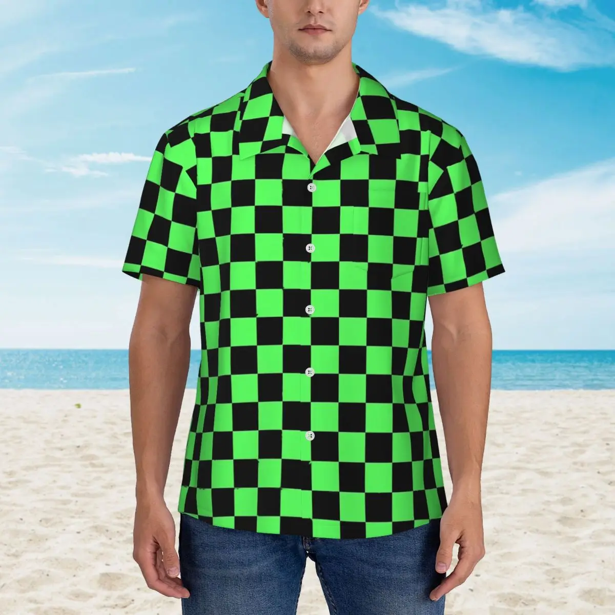 

Hawaii Shirt Beach Check Print Blouses Black and Green Vintage Casual Shirts Men Short-Sleeve Stylish Clothing