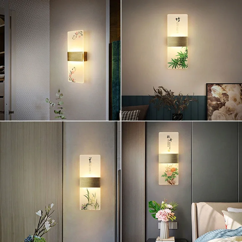 LED 실내 벽 램프, 아크릴 기능, 중국 관용구 스타일 식물 인쇄 벽 조명, 6W 침실 거실 발코니 침대 옆 조명