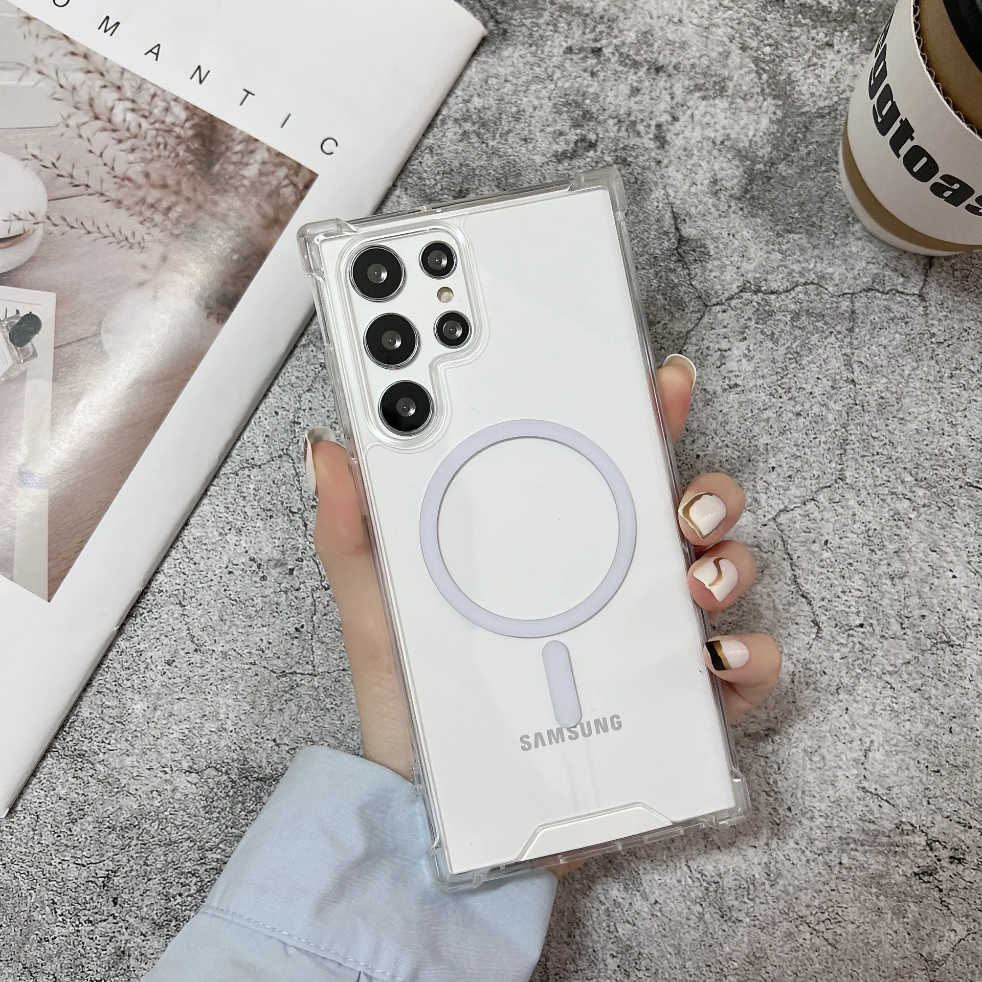 Подходит для Samsung A54 прозрачный Магнитный чехол для телефона S23U Samsung NOTE20U защитный чехол с четырьмя углами для защиты от падения