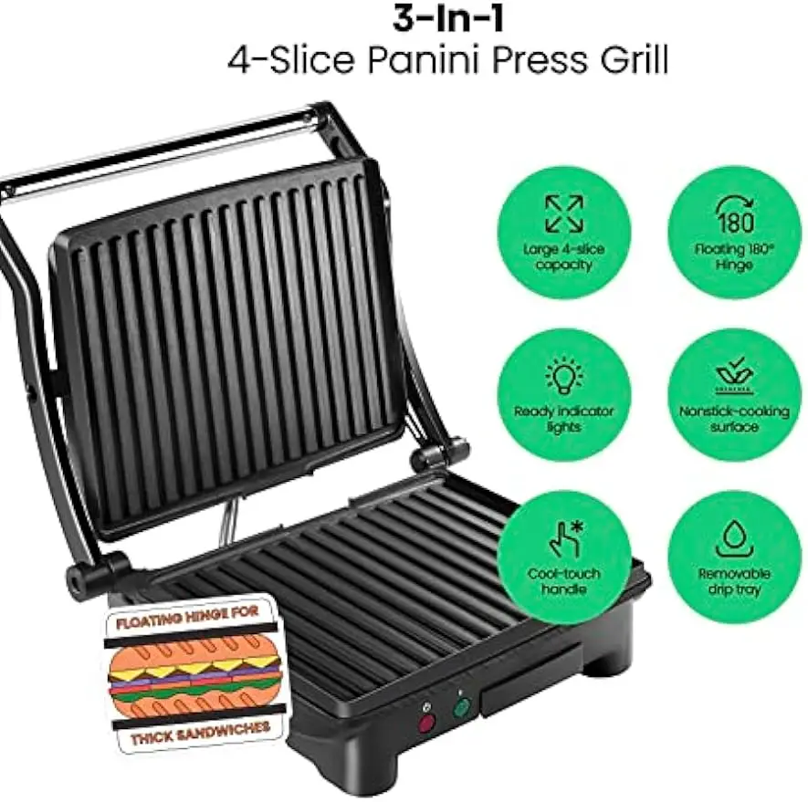 CHEFMAN Chefman Panini Press Grill and Gourmet Sandwich Maker Non-Stick  Coated Plates, Opens 180 Degrees to Fit Any Type or Size of Food