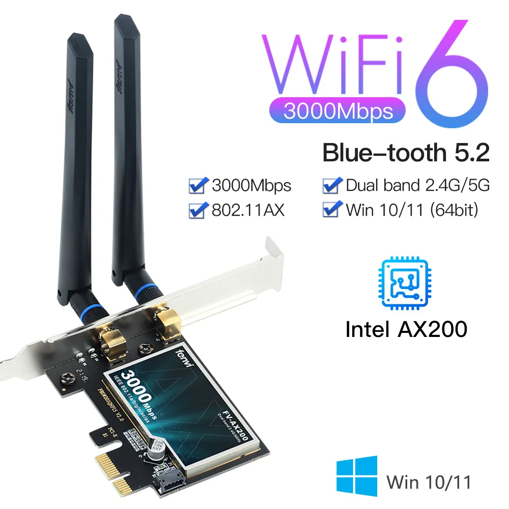 Double bande 2974Mbps Wifi6 Intel AX200 PCIe sans fil adaptateur