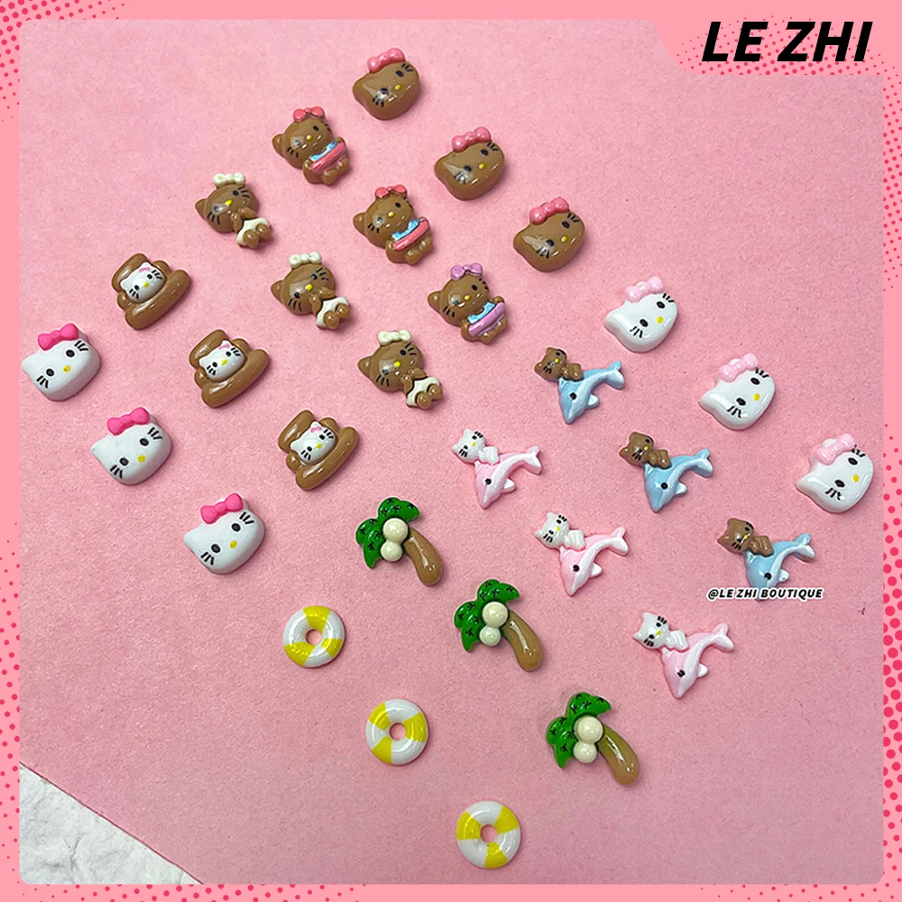 20Pcs 하와이 3D 헬로 키티 네일 아트 수지 액세서리 여름 해변 검은 피부 KT 전화 케이스 스티커 매니큐어 데칼 장식