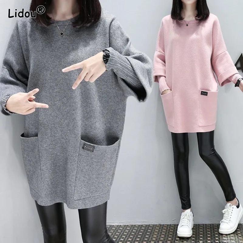 Korean Autumn Winter Pulse Size Cotton Sweatshirts Loose Drop Sleeve X-long O-Neck Female Pockets Decoration Two Fake Pieces long life smd encoder switch ec11j with switched 30 position pulse potentiometer