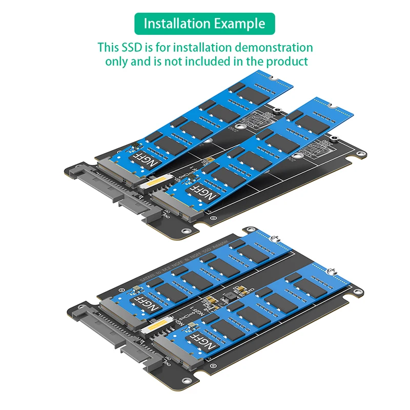 듀얼 포트 M.2 SATA 프로토콜 SSD - SATA 시리얼 포트 어댑터 보드 2x M.2 B 키 - SATA3.0 2.5인치 확장 카드 라이저 (케이스 포함)