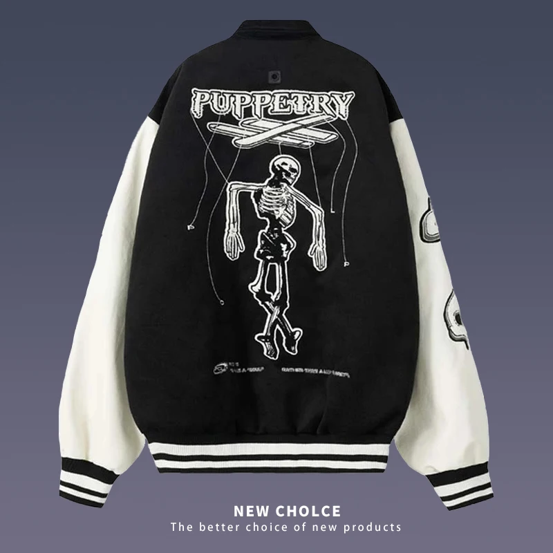 

Skull Embroidered PU Leather Panel Sleeves Varsity Jacket Men Women American Campus Contrasting Colors Loose Bomber Lapel Coat