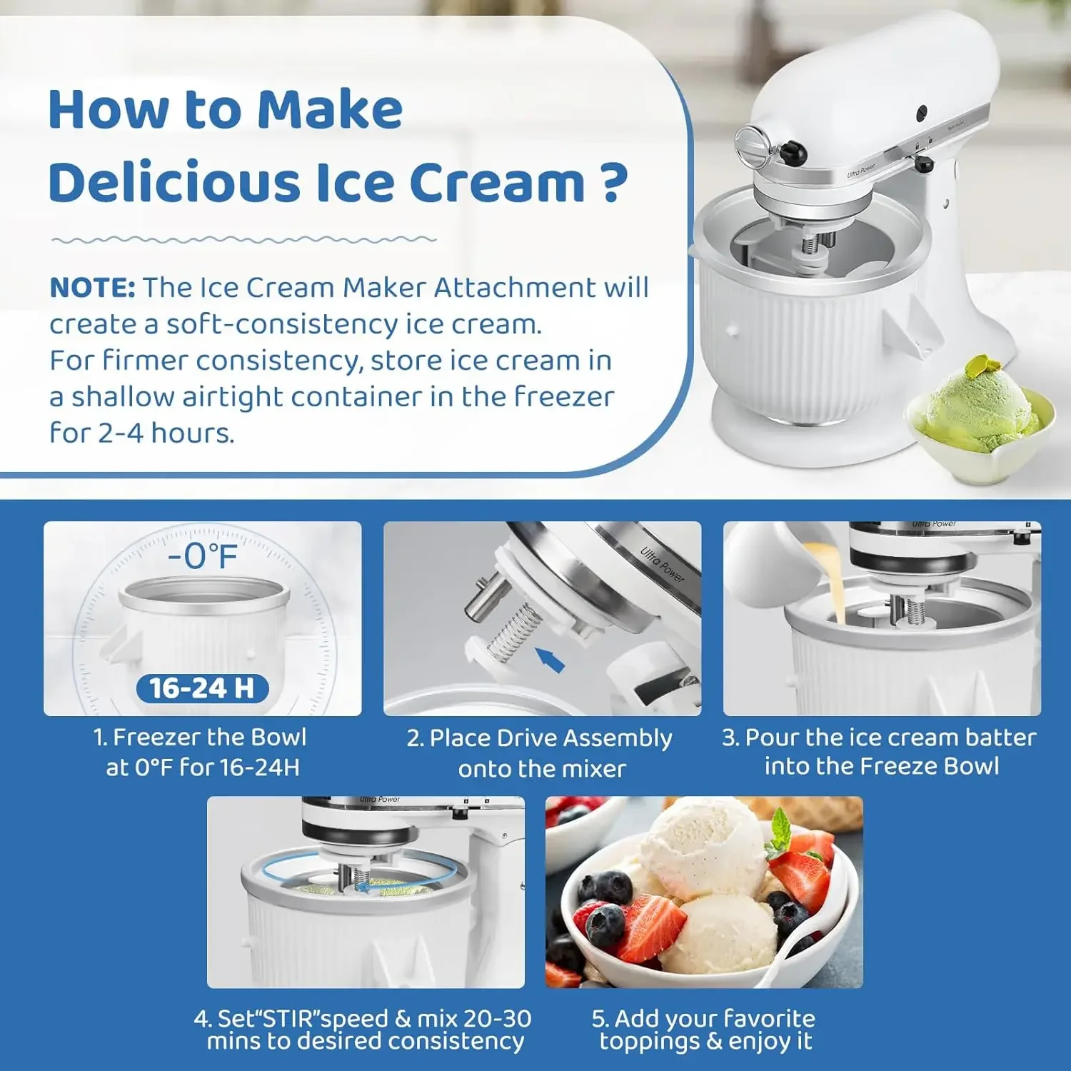 For KitchenAid 4.3L-7QT Stand Mixe Slicer Ice Cream Maker Attachment Frozen Yogurt Ice Cream & Sorbet Gelato Maker Bowl Fits