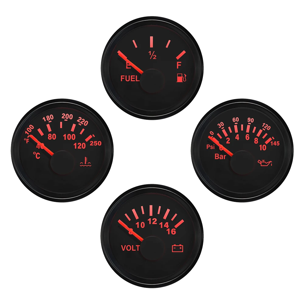 

ELING 4 Gauge Set Universal 52mm Water Temp Oil Pressure Fuel Level Meter Voltmeter with Red Backlight for Car Boat Yacht 12V