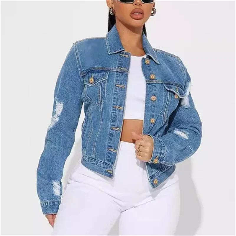 Women Fashion Broken Holes Denim Jacket Casual Vintage Single-breasted Cardigan Coat Autumn Winter Daily Casual Female Outerwear - Image 4